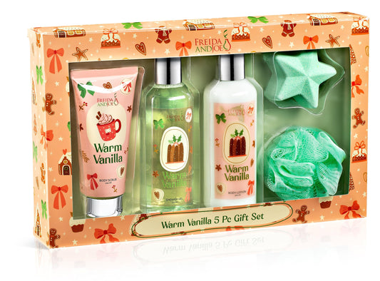 Fragrance Bath & Body Collection Gift Box, Includes Shower Gel, Body Lotion, Body Scrub, Bath Bomb & Sponge (Warm Vanilla 3.0) - Mother's Day Gift Beauty and Personal Care Freida and Joe
