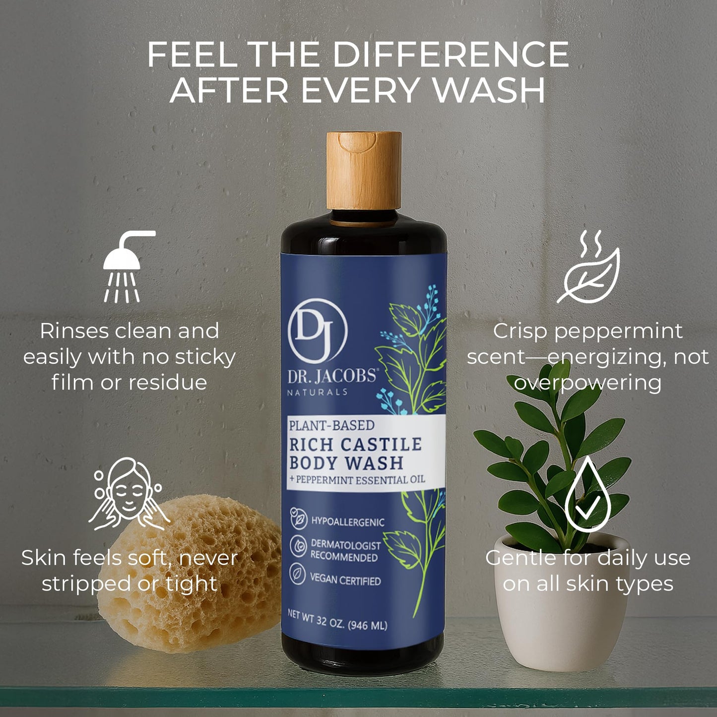 Dr. Jacobs Naturals Pure Castile Soap Liquid Body Wash, Peppermint - Plant Based Soap Infused with Vitamin E and Aloe Vera to Moisturize Dry Beauty & Personal Care DR.JACOBS NATURALS