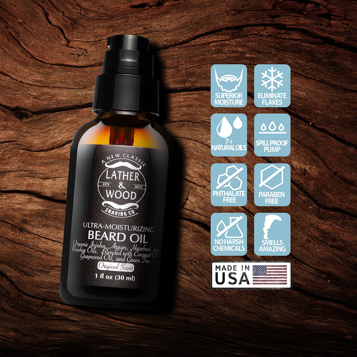 Lather & Wood Beard Oil For Men - Premium Blend - Spill-proof Pump - Original Scent - 1oz Beauty & Personal Care Lather & Wood Shaving Co