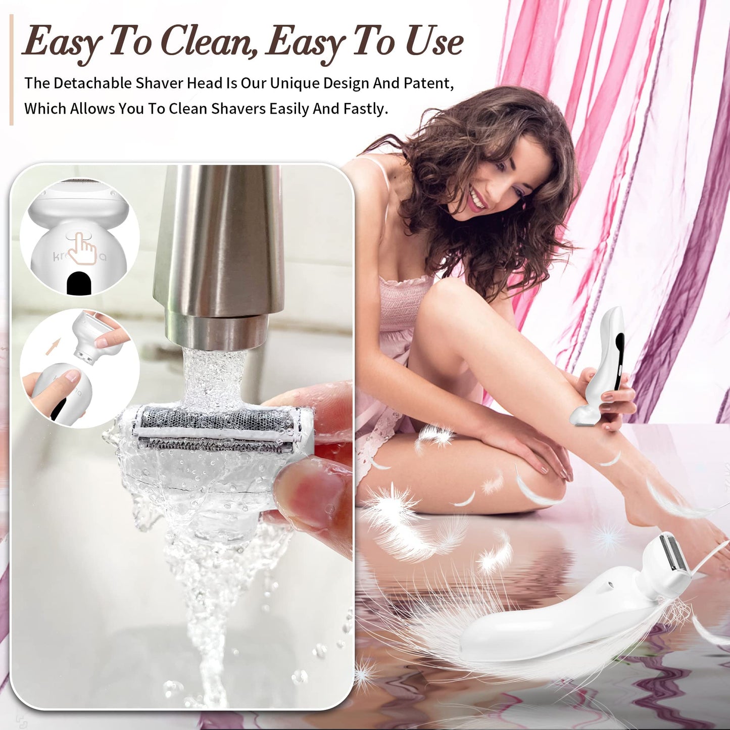 Electric Shaver for Women Electric Razor for Womens Bikini Legs Underarm Public Hairs Rechargeable Trimmer with Detachable Head Cordless Wet Dry Use Beauty and Personal Care krovena