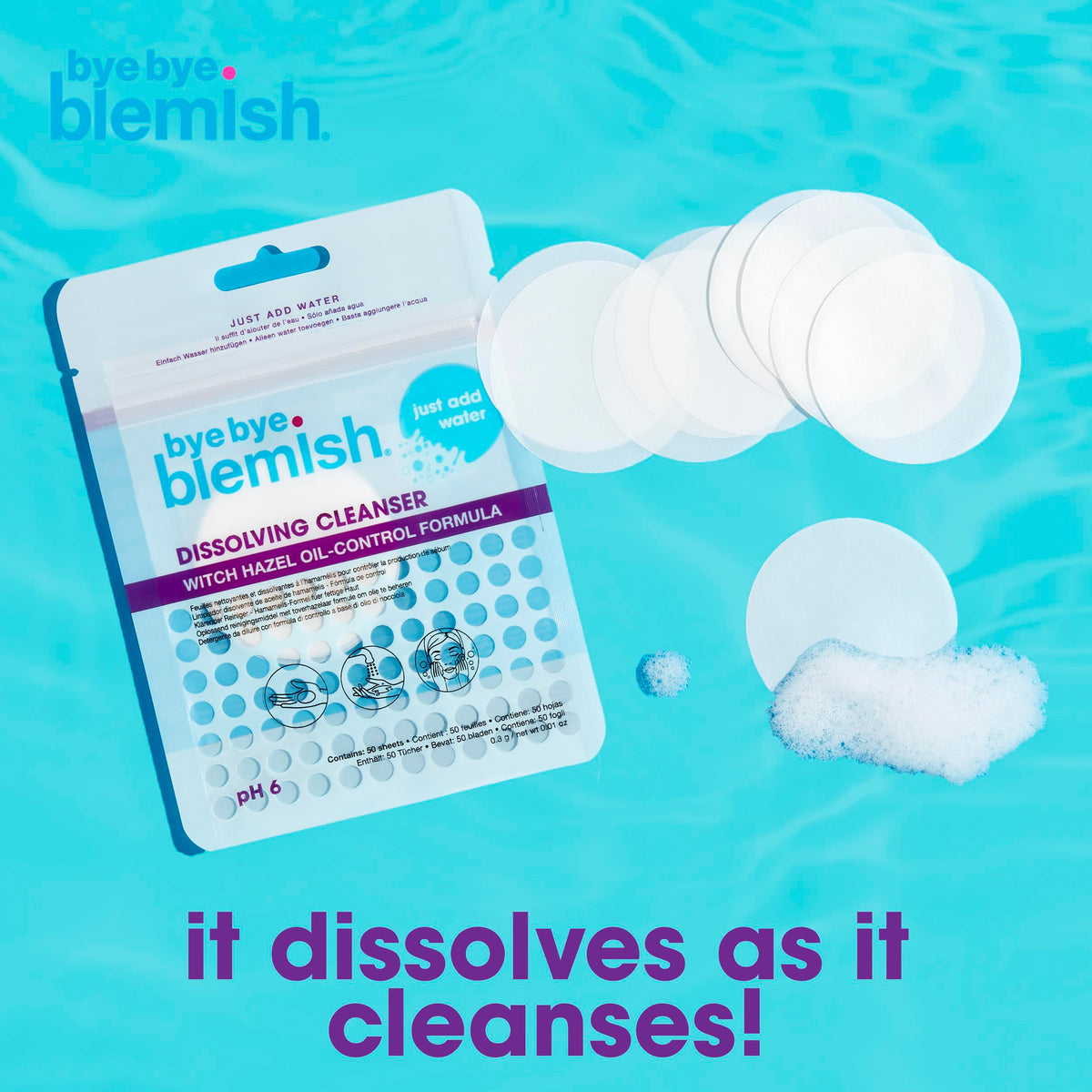 Bye Bye Blemish Dissolving Cleanser Sheets - Witch Hazel Oil-Control Face Wash, Water-Activated Facial Paper Soap for Acne-Prone Skin, Removes Dirt Beauty & Personal Care Bye Bye Blemish