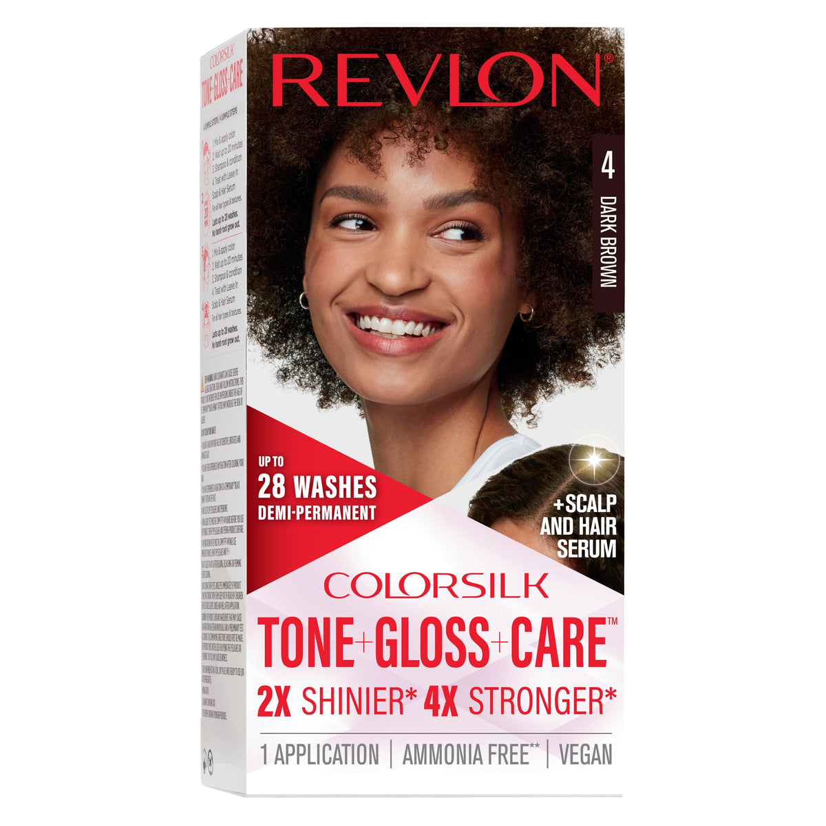 Revlon ColorSilk Tone + Gloss + Care Demi Permanent Hair Color, Dye Kit with Leave-In Scalp and Haircare Serum, 2x Shinier, 4x Stronger, 4 Dark Brown Beauty & Personal Care REVLON
