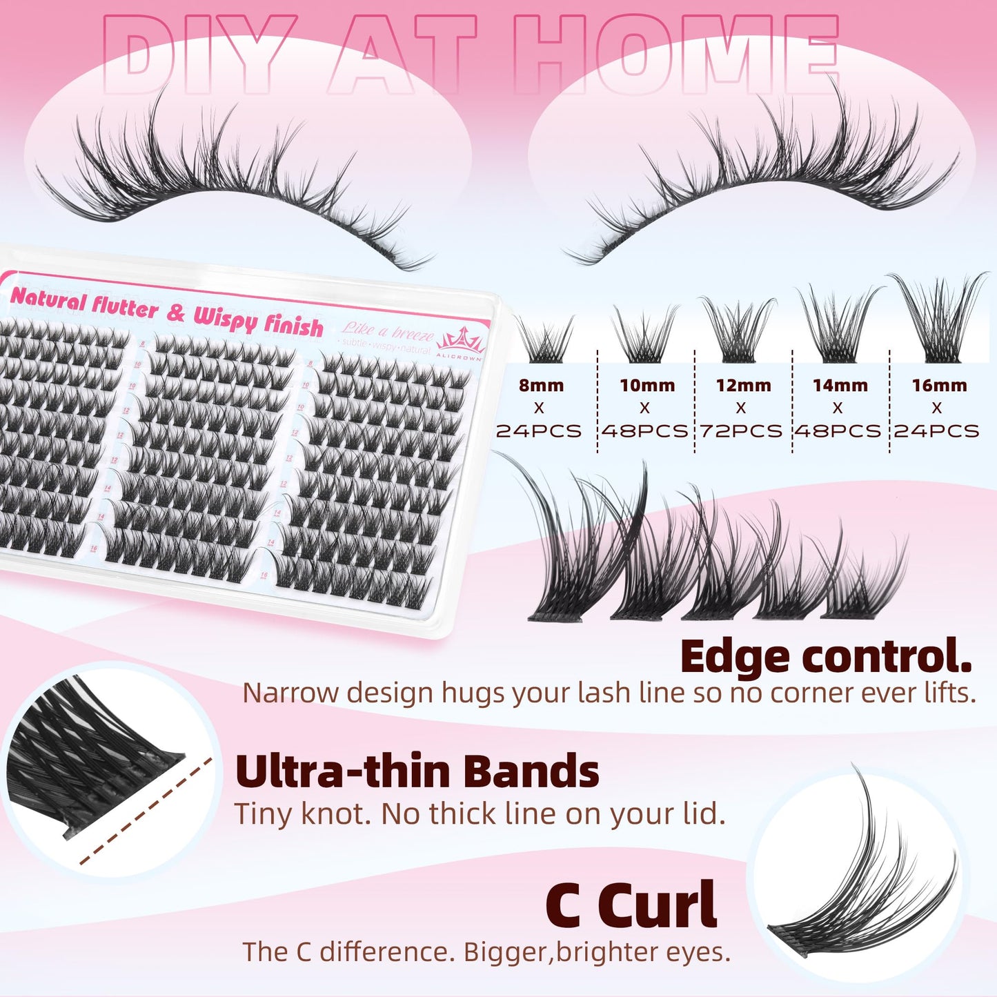 Lash Clusters Natural Eyelash Clusters Wispy Lash Extensions C Curly Individual Lashes with Clear Bands Short Eyelash Extensions 100Pcs 8mm-16mm Beauty and Personal Care ALICROWN HAIR