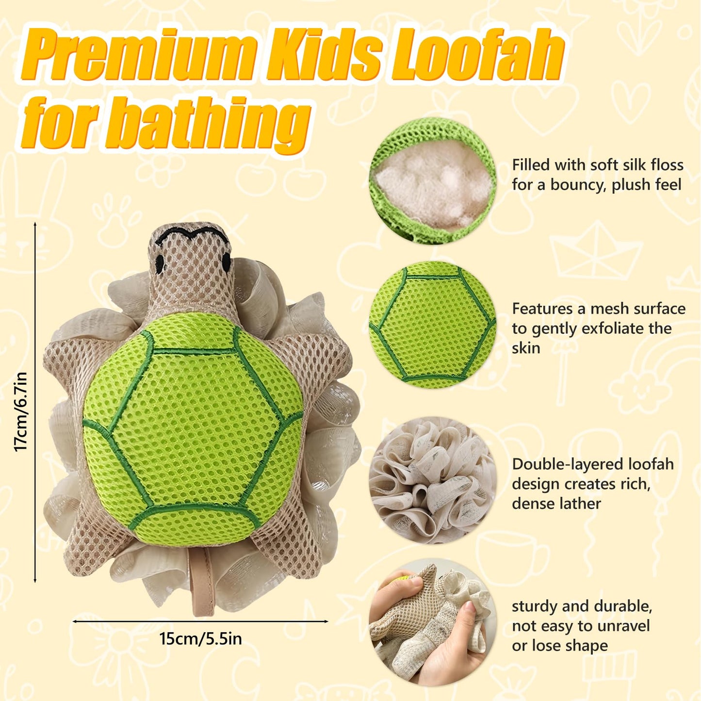 Kids Loofah, Cute Cartoon Animal Kids Bath Sponge with Hanging Rope, Soft Double Mesh for Rich Lather (Little Turtle) Beauty and Personal Care Taolivingmart