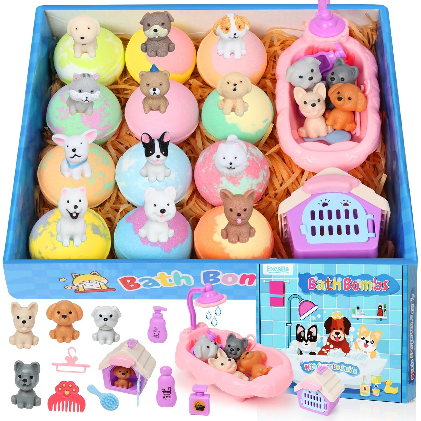 Bath Bombs for Kids with Toys Inside for Girls Boys, 12 Pack Kids Bath Bombs with Surprise Dog Pretend Playset, Handmade Bubble Bath Fizzies Birthday Beauty and Personal Care Excalla
