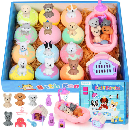Bath Bombs for Kids with Toys Inside for Girls Boys, 12 Pack Kids Bath Bombs with Surprise Dog Pretend Playset, Handmade Bubble Bath Fizzies Birthday Beauty and Personal Care Excalla