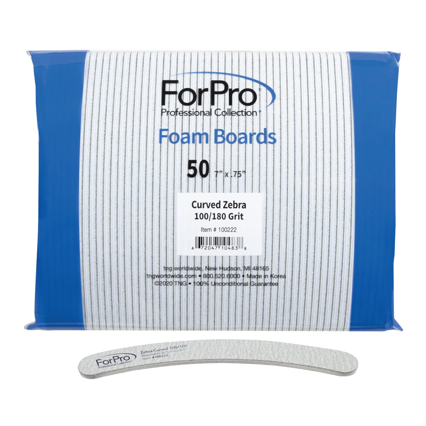 ForPro Professional Collection Zebra Curved Foam Board, 100/180 Grit, Double-Sided Manicure and Pedicure Nail Files, 7” L x .75” W, 50-Count Beauty & Personal Care ForPro Professional Collection