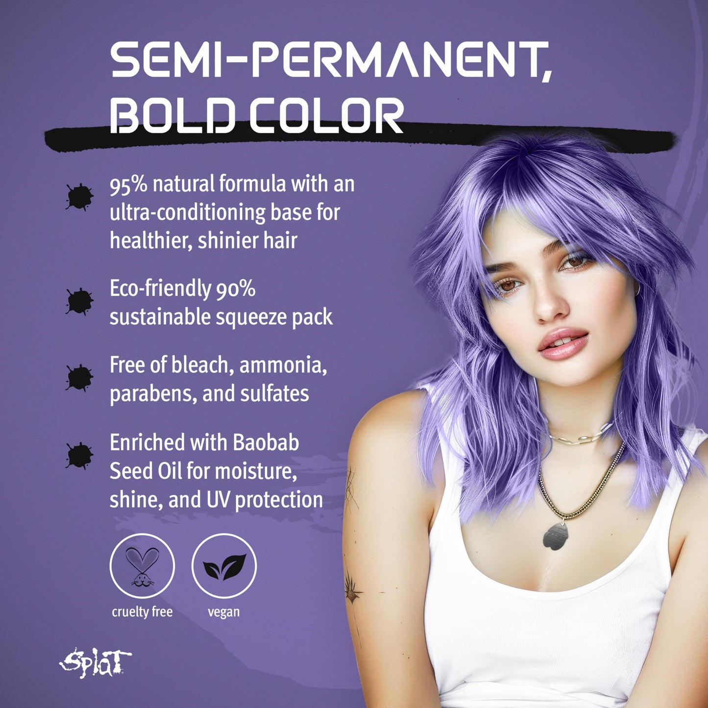 Splat Naturals Semi-Permanent Hair Color, Lavender, 6 fl. oz., 95% Natural Hair Dye Formula Lasts Up to 30 Washes, Vegan & Cruelty-Free Semi Permanent Beauty & Personal Care Splat