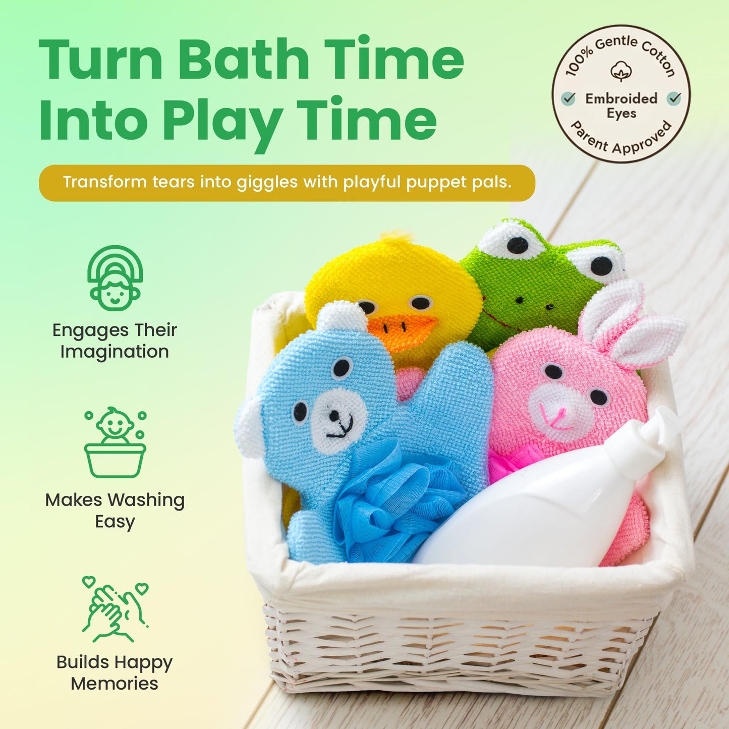 Made Easy Kit Hand Puppet Bath Wash Mitt Towel with Animal Designs with Loofahs for Fun Interactive Bathing Time (Green Yellow Pink Blue) Beauty and Personal Care Made Easy Kit