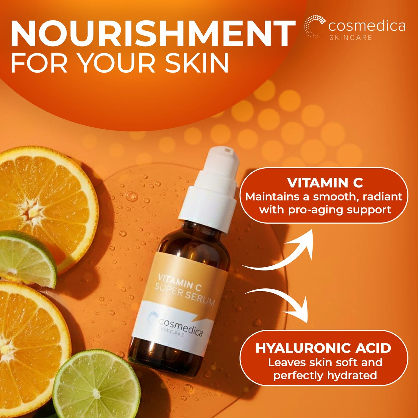 Cosmedica Vitamin C Serum for Face with Hyaluronic Acid & Vitamin E - Brightening Anti-Aging Serum for Dark Spots, Fine Lines & Wrinkles, Lightweight Beauty & Personal Care Cosmedica Skincare