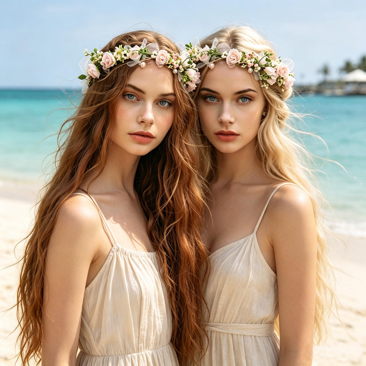 LLinfflr Pearl Flower Crown Floral Garland Headband Halo Headpiece Pink