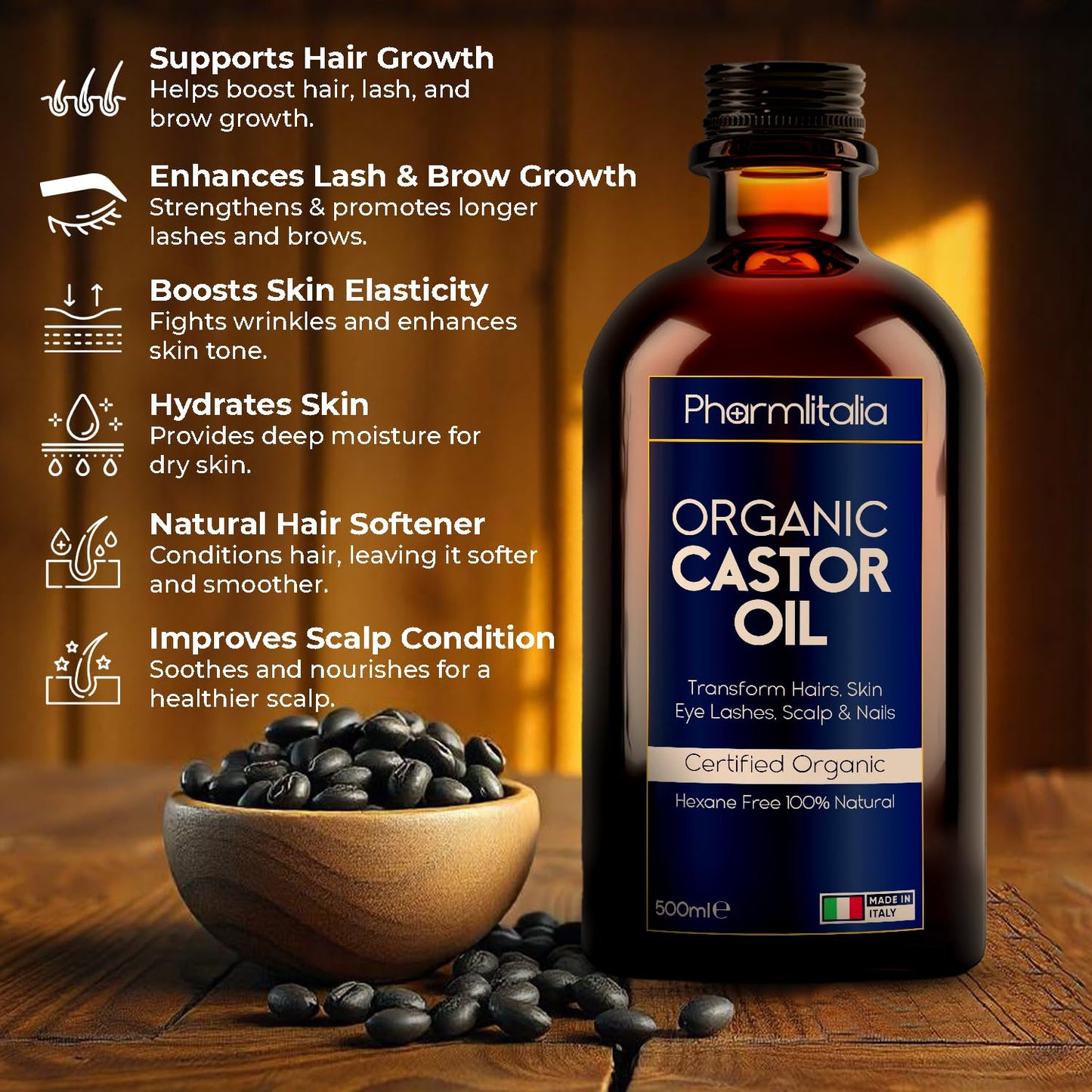 Pharmlitalia Caster Oil Organic Cold Pressed Unrefined Glass Bottle - Organic Golden Castor Oil for Face, Scalp, Eyelashes, Skin Care and Nails Beauty & Personal Care Pharmlitalia
