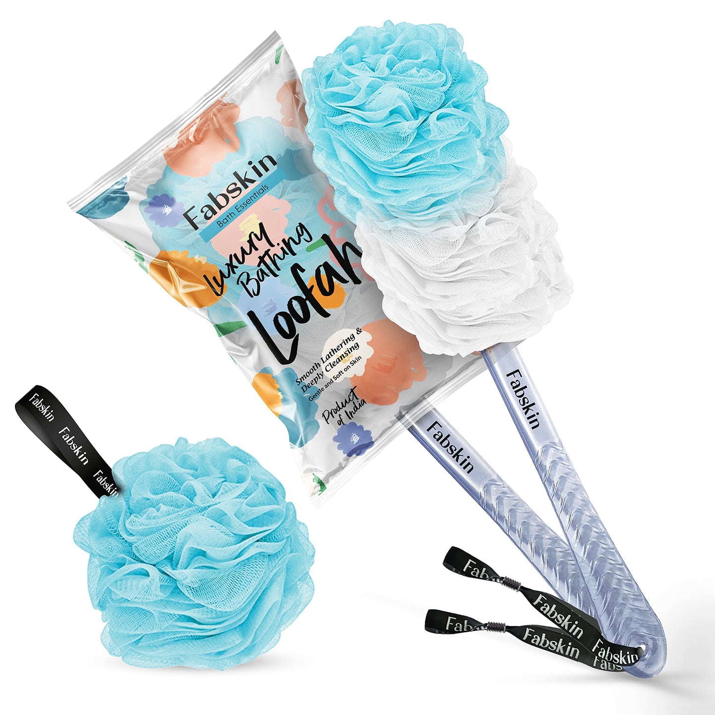 FABSKIN Luxury Bath Loofah Duo Pack - Loofah Sponge and Loofah Brush With Plastic Handle - Loofah for Bathing for Women & Men - Bath Brush Body Back Beauty and Personal Care FABSKIN