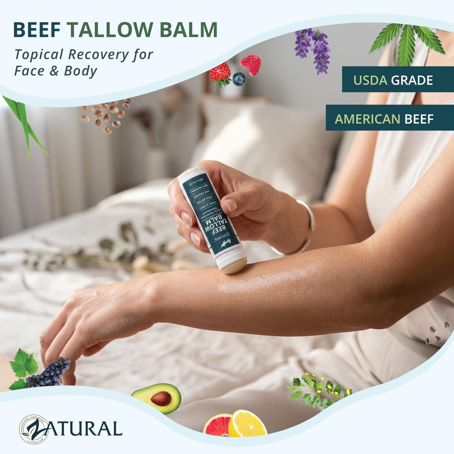 Zatural Beef Tallow Balm for Face and Body Easy Application- Handcrafted Moisturizer with Beeswax, Avocado Oil, and Vitamin E - Travel Size Skin Salve Beauty and Personal Care Zatural
