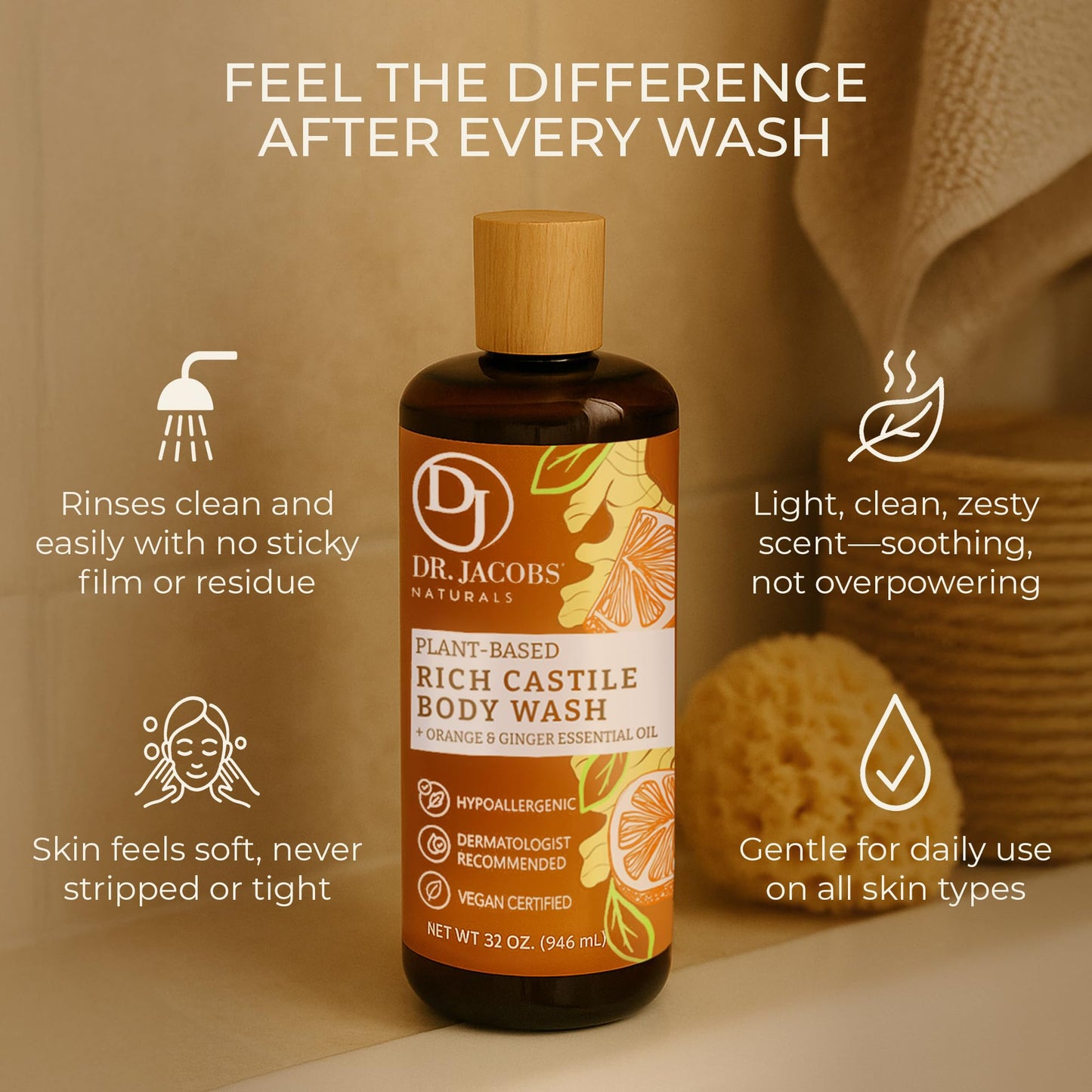 Dr. Jacobs Naturals Castile Orange and Ginger All-Natural Body Wash for Moisturizing Dry Skin with Plant-Based Ingredients with Pump - 32 Ounce Beauty & Personal Care DR.JACOBS NATURALS