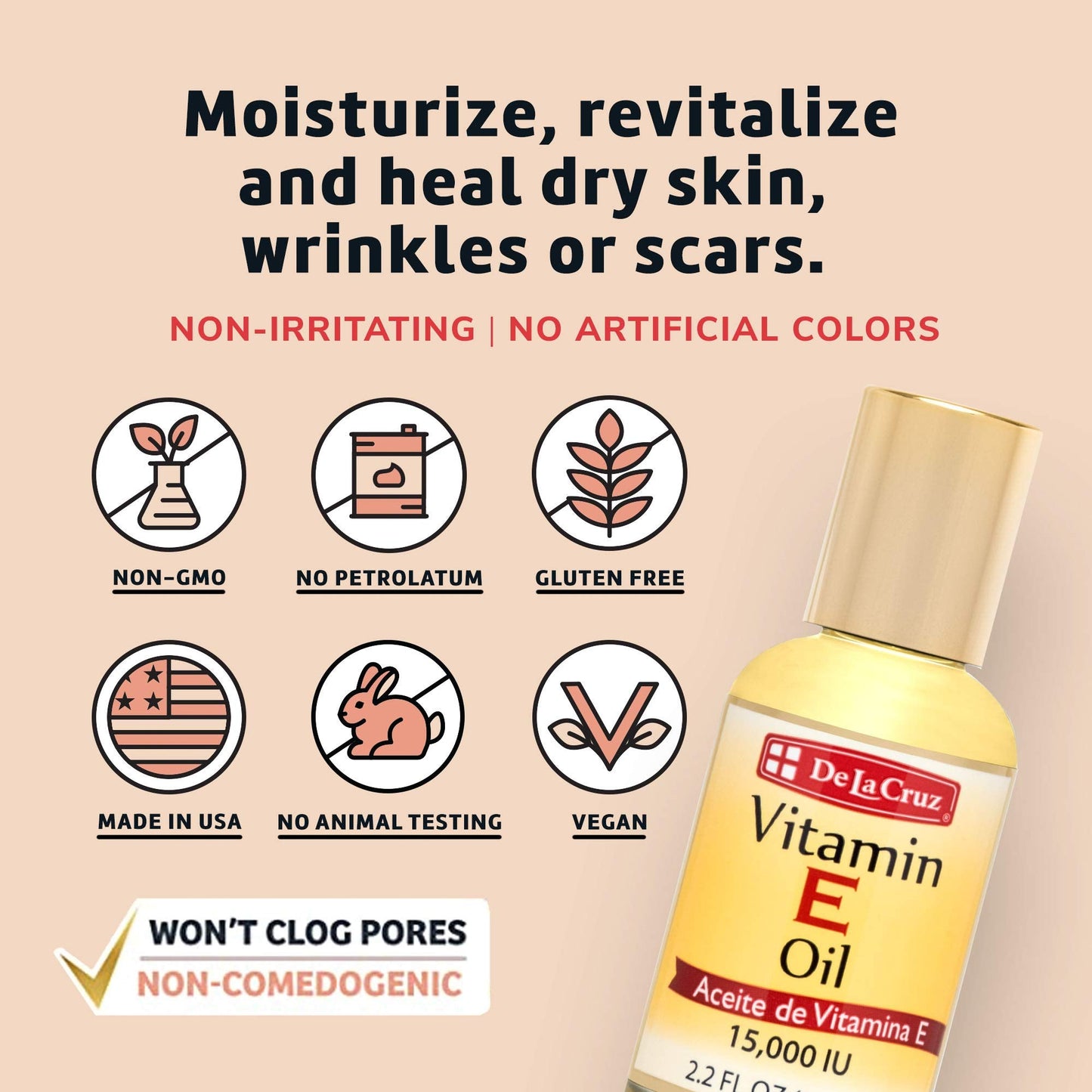 De La Cruz Vitamin E Oil for Skin, Hair, Face, Body and Nails, Vitamina E para la Piel, 15000 IU, 2.2 FL. OZ Beauty & Personal Care De La Cruz