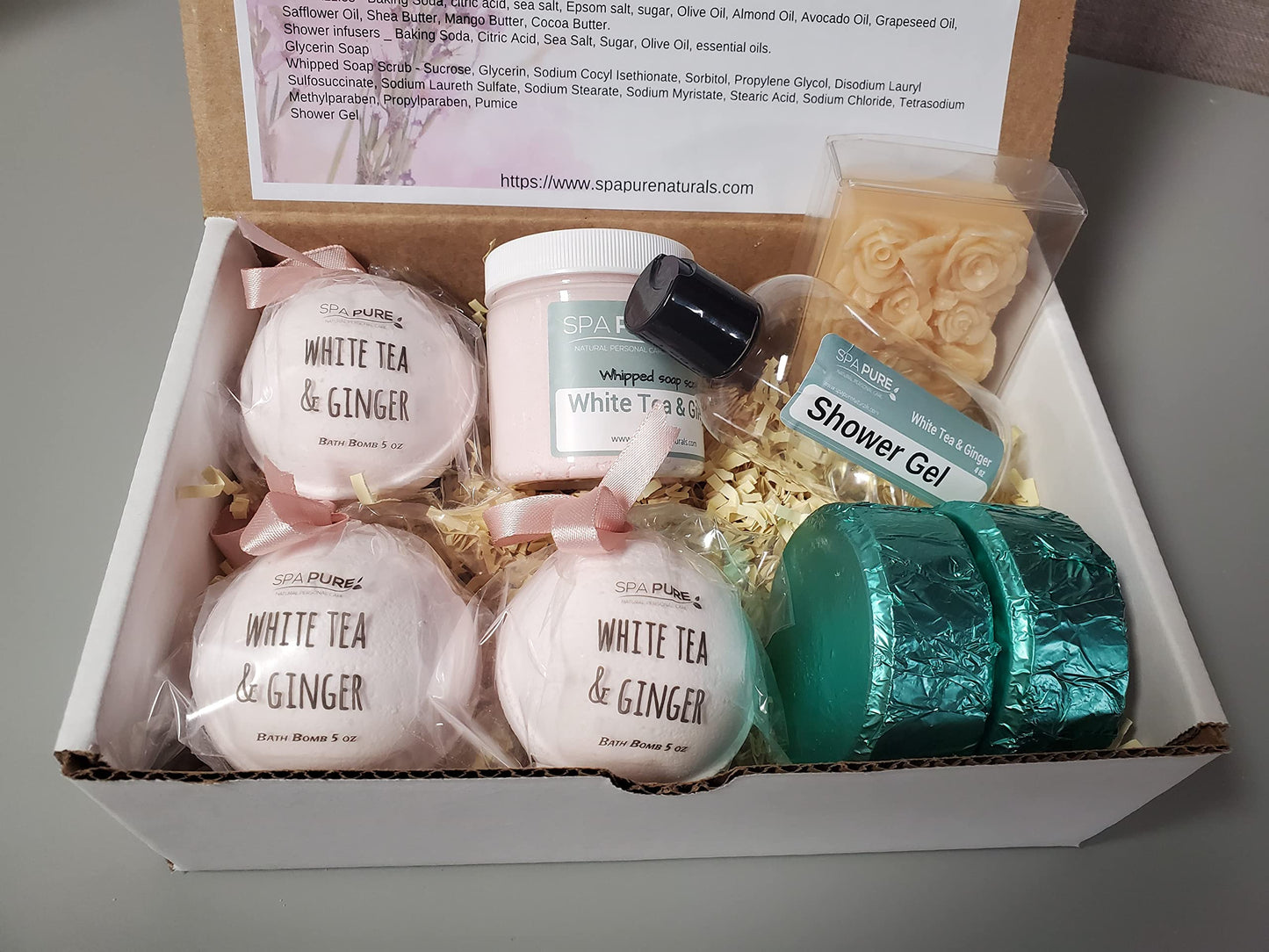 Spa Pure Luxury Spa Kit - 3 XL Bath Fizzies, 2 XL Shower Steamers, 3.5 oz Whipped Soap Scrub, Goat Milk Soap, Shower Gel (White Tea & Ginger) Beauty and Personal Care Spa Pure