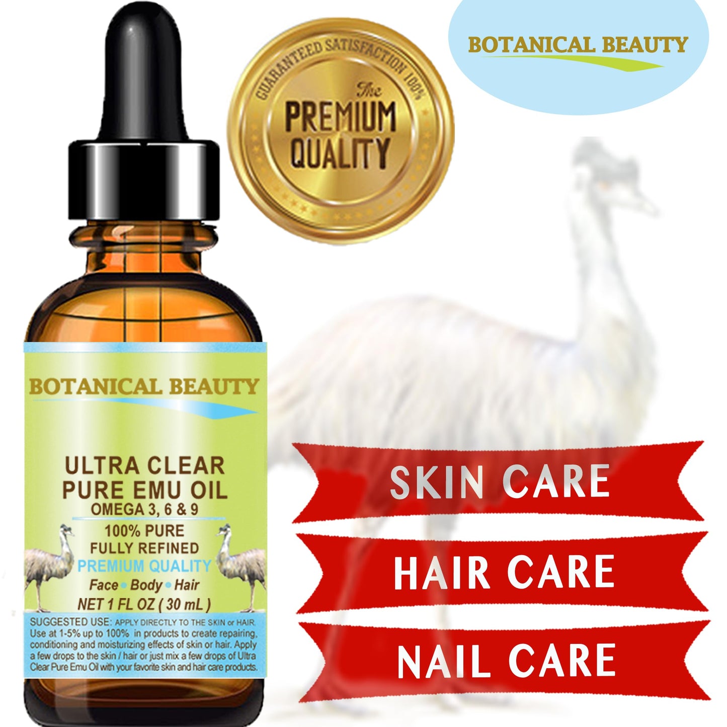 Botanical Beauty PURE EMU OIL ULTRA CLEAR 100% Natural REFINED for FACE, SKIN, BODY, HANDS, FEET, NAILS, HAIR, LIP CARE 0.5 Fl. oz. - 15 ml Beauty & Personal Care Botanical Beauty