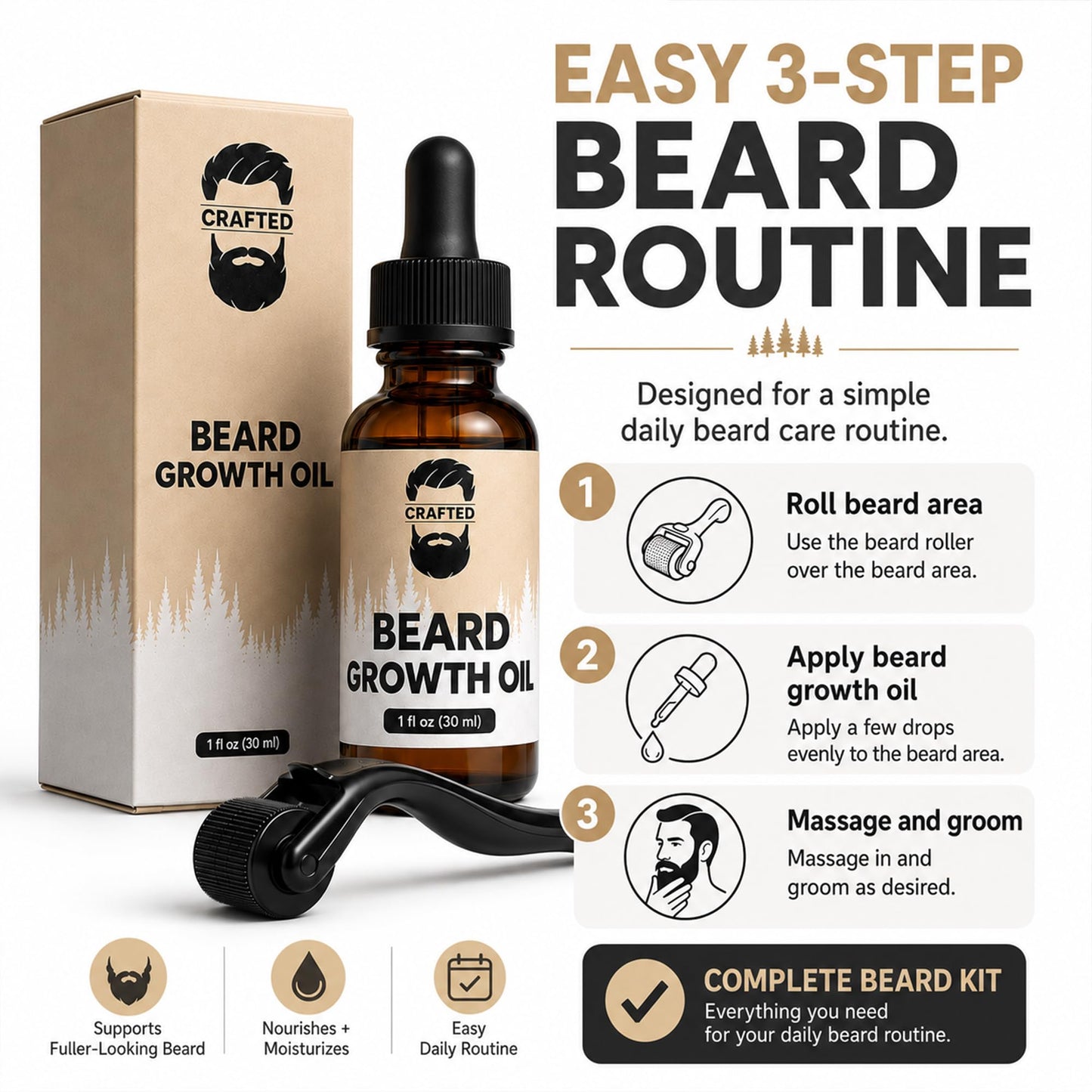 Crafted Beard Growth Kit - Grow a Thicker, Fuller Beard - Complete 3-Month Set with Oils, Roller, and Vitamins (1 Month Kit) Beauty and Personal Care Crafted Beards