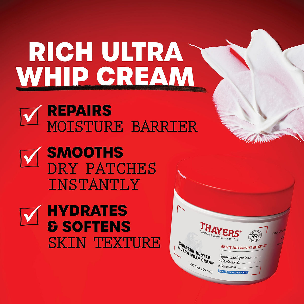 THAYERS Barrier Bestie Ultra Whip Face Cream, Moisturizer with Sugarcane Squalane and Ceramides, Skin Care for Dry to Very Dry Skin, 2.0 Oz Beauty & Personal Care THAYERS