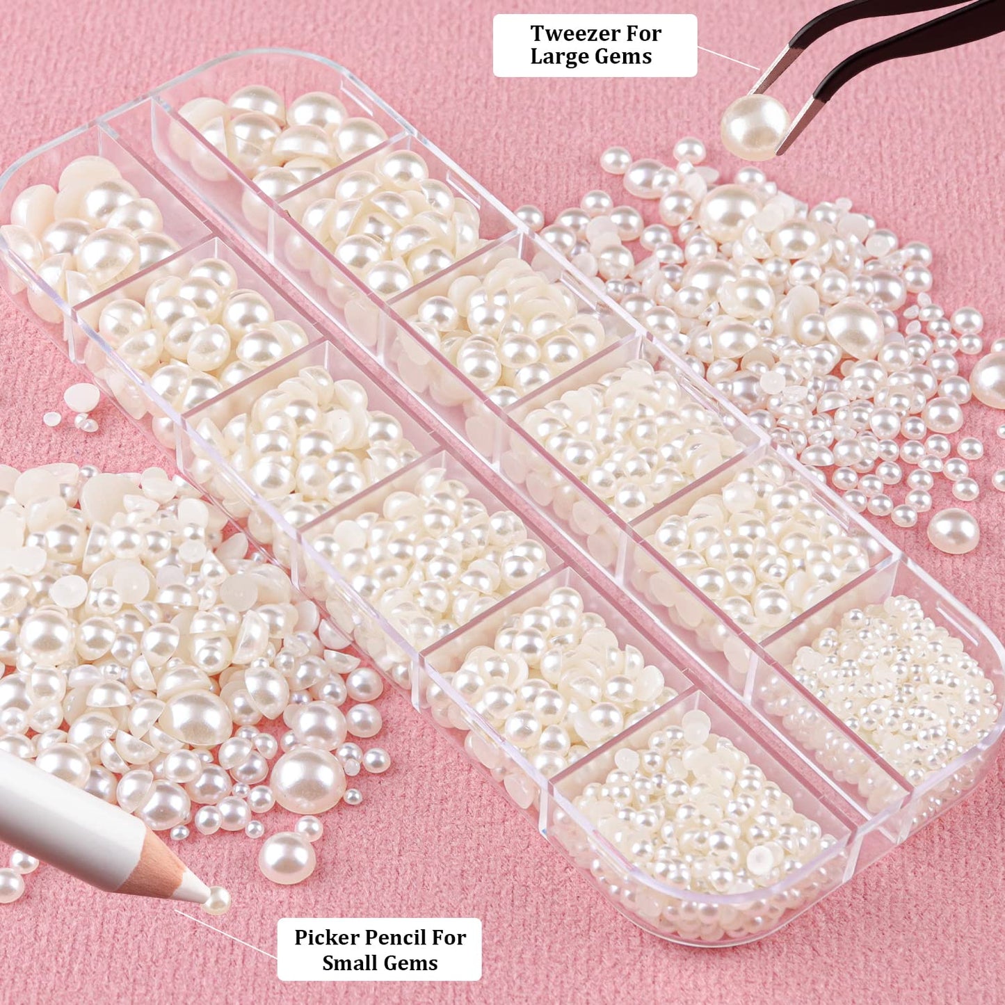 2700 Pcs Flat Back Pearls Kits, 1 Box of Flatback White+1 Box of Beige Small Half Round Pearls with Pickup Pencil and Tweezer for Nail Art Face Makeup Beauty & Personal Care BELLEBOOST