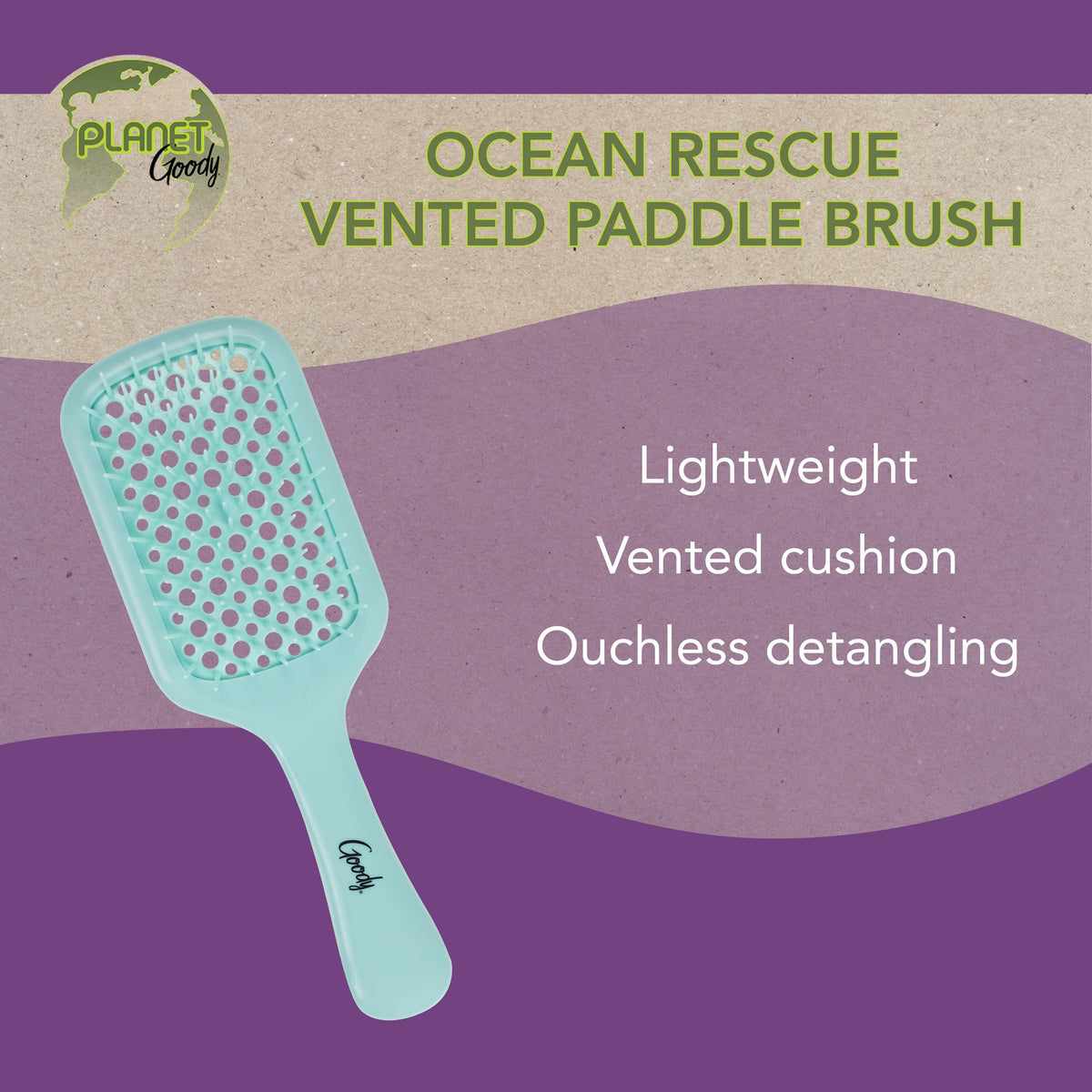Planet Goody Ocean Rescue Vented Paddle Brush - Teal, Ouchless Detangler with Flexible Bristles, Helps Accelerate Drying, Use as a Detangling or