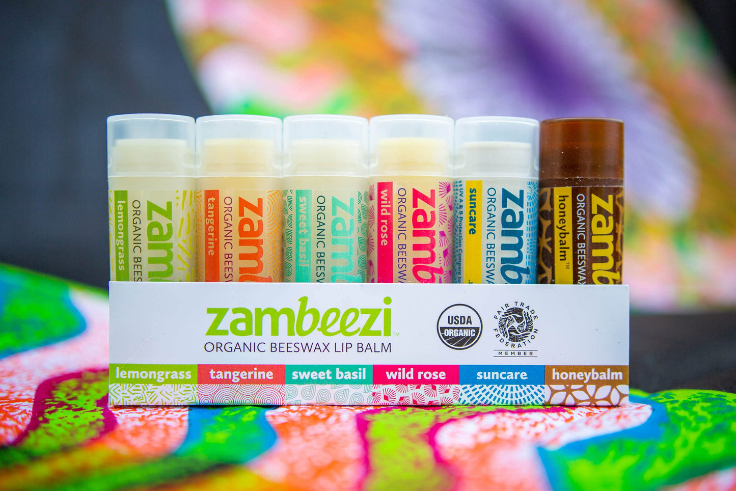 ZAMBEEZI Fair Trade, Organic Beeswax Lip Balm - Variety 6 Pack (Lemongrass, Tangerine, Wild Rose, Sweet Basil, Suncare and Honeybalm) - Ethically Beauty and Personal Care Zambeezi