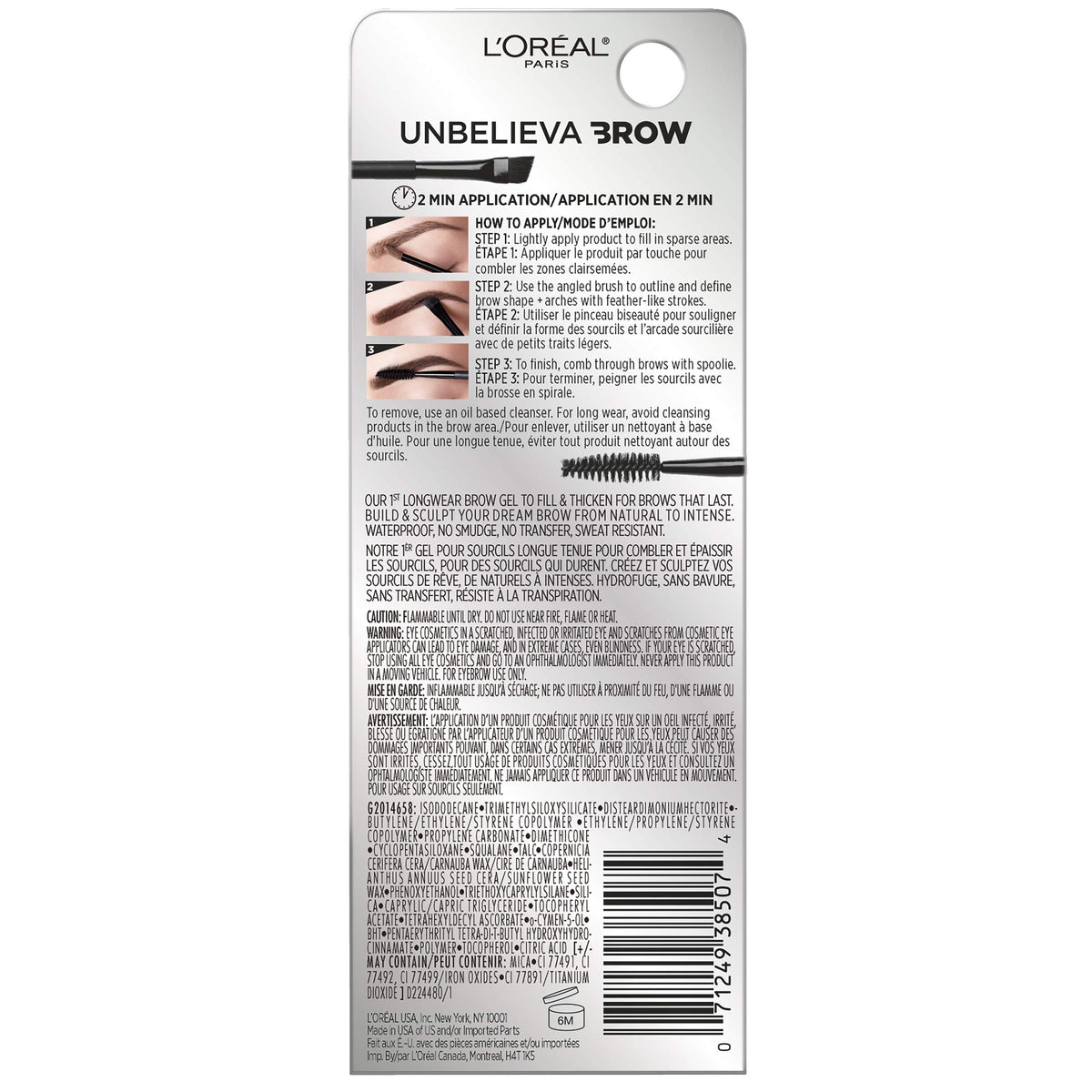 L'Oreal Paris Unbelieva-Brow Longwear Waterproof Tinted Brow Gel, Smudge-resistant, Transfer- Proof, Quick Drying, Easy and quick application