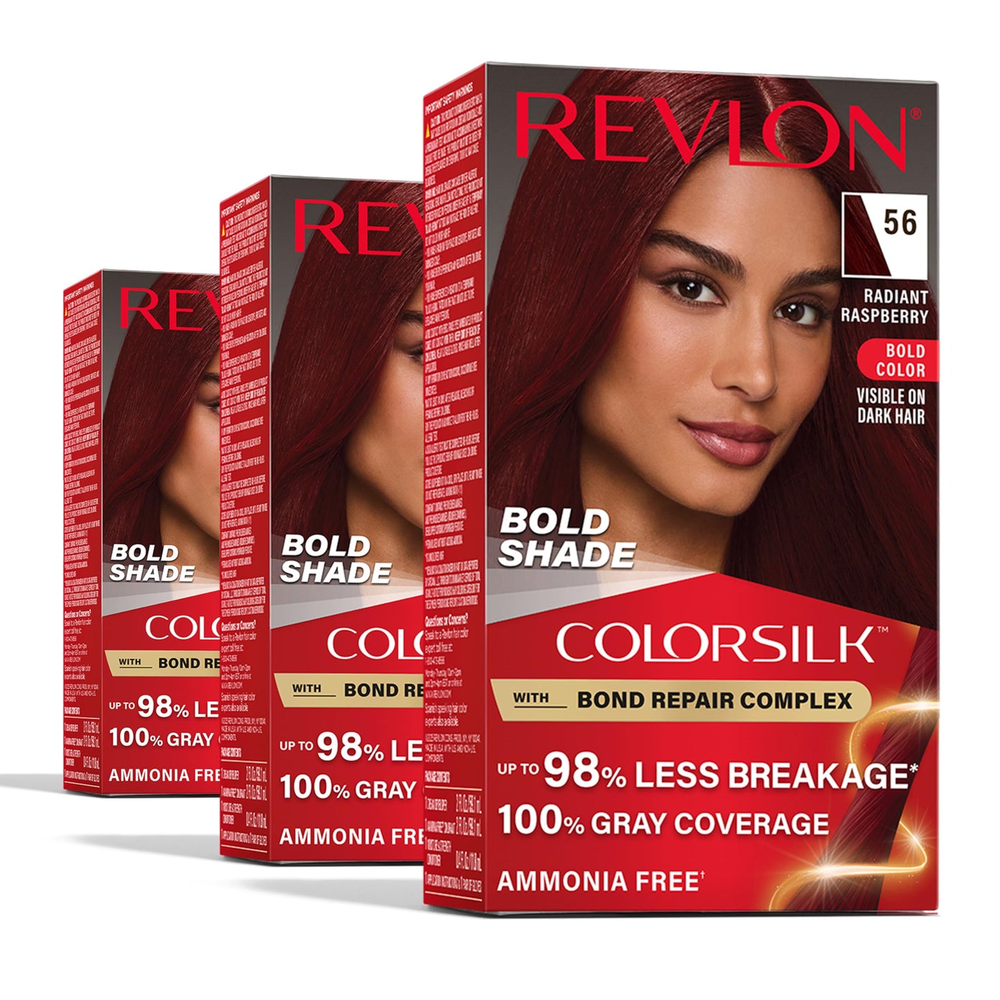 Revlon ColorSilk with Bond Repair Complex, Permanent Hair Color, 100% Gray Coverage, Ammonia Free Dye, Vegan Keratin, 56 Radiant Raspberry, 3 pack Beauty & Personal Care REVLON