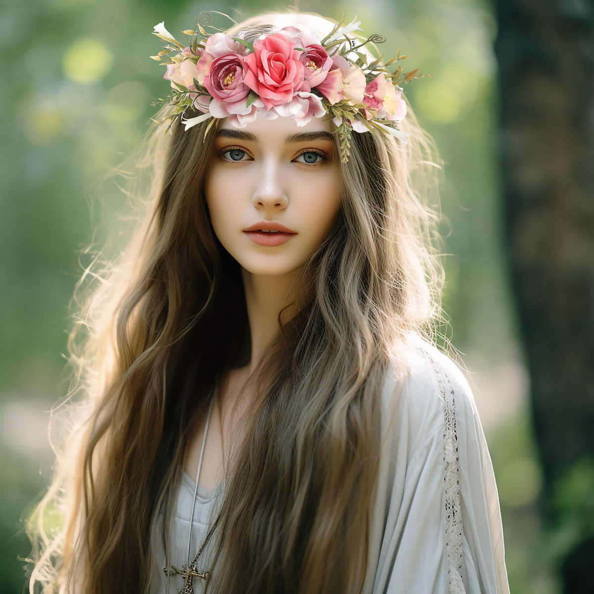 LLinfflr Women Floral Crown Boho Flower Headband Halo Headpiece Rosy Prom