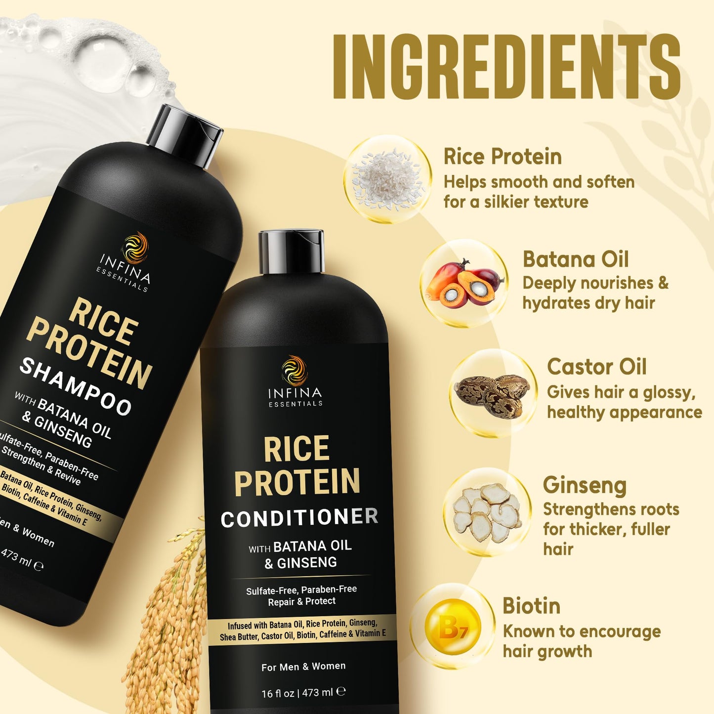 INFINA ESSENTIALS Rice Water Shampoo and Conditioner Set | 16 fl oz Each | with Batana Oil & Ginseng | Rice Shampoo for Repairing Damaged Hair | Beauty & Personal Care INFINA ESSENTIALS