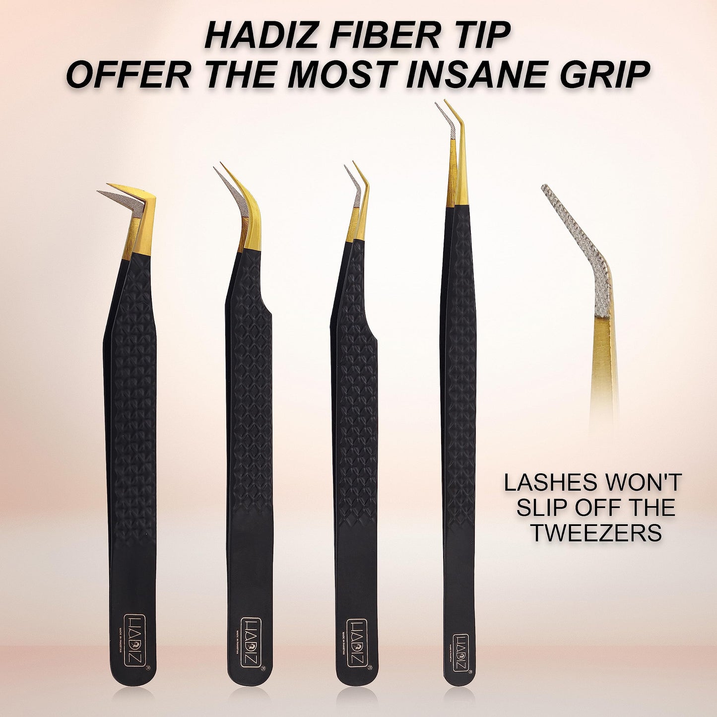 HADIZ Set of 4 Fiber Tip Diamond Grip Eyelash Extensions Tweezers Japanese Stainless Steel Lash Tweezer(Black) Beauty and Personal Care HADIZ