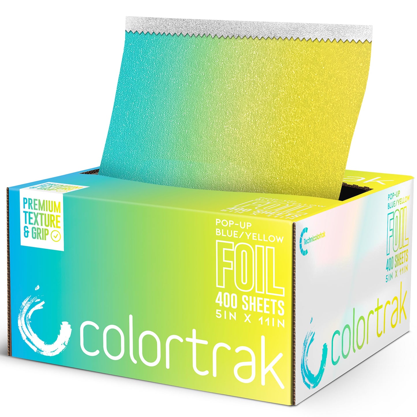 Colortrak Blue/Yellow Gradient Pop-up Foil w/Dispenser (400 Count), Pre-cut Sheets, Non-Slip Embossed Texture, 5" x 10.75" Sheets for Hair Foil Beauty & Personal Care Colortrak