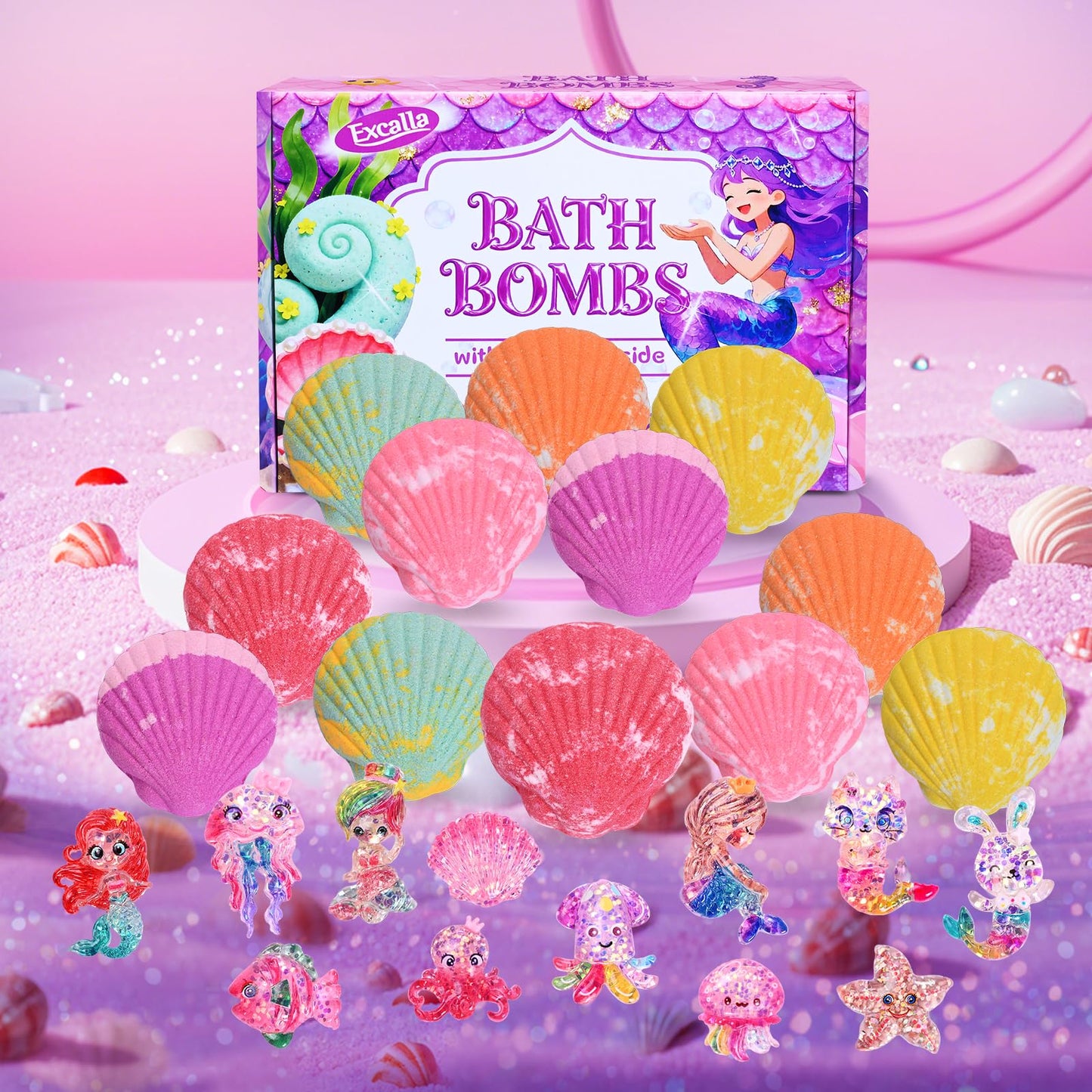 Bath Bombs for Kids with Surprise Toys Inside, 12 Pcs Kids Bath Bombs Gifts for Birthday Christmas Easter Party Favor, Handmade Shell Bubble Bath Kit Beauty and Personal Care Excalla