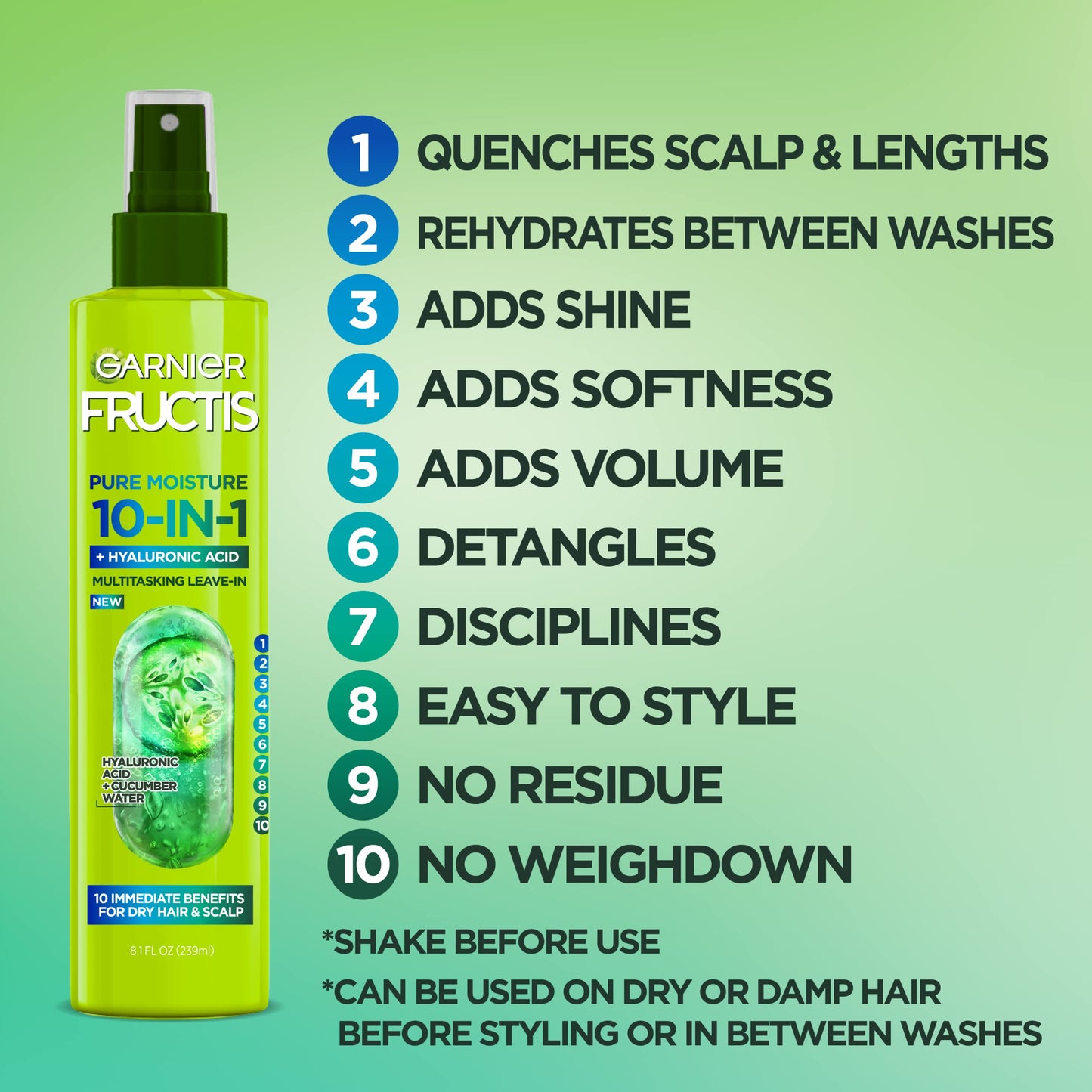 Garnier Fructis Pure Moisture 10-in-1 Spray for Dry Hair and Scalp, Hyaluronic Acid, 8.1 Fl Oz, 1 Count (Packaging May Vary) Beauty & Personal Care Garnier