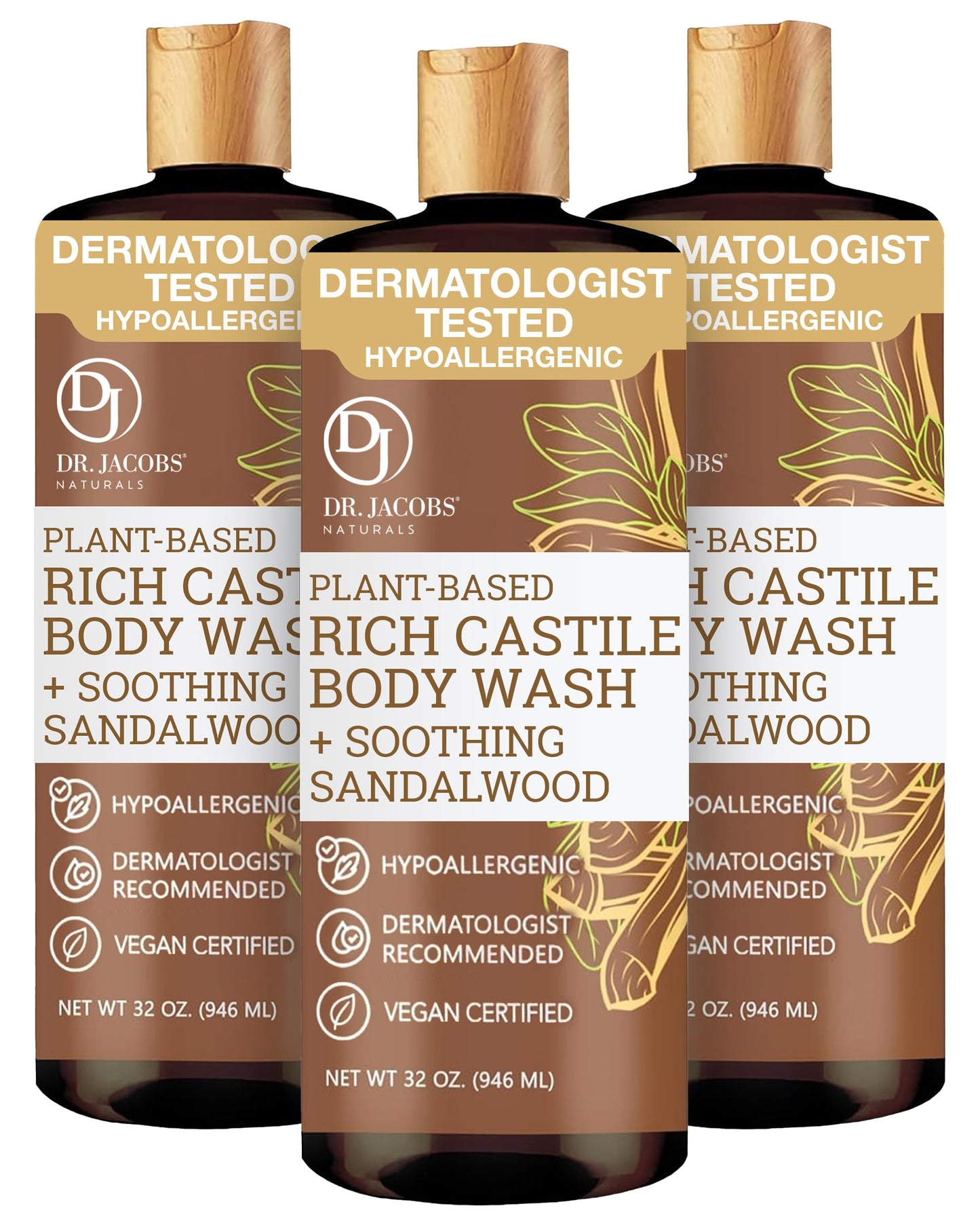 Dr. Jacobs Naturals Pure Castile Soap Liquid Body Wash, Sandalwood - Plant Based Soap Infused with Vitamin E and Aloe Vera to Moisturize Dry Beauty & Personal Care DR.JACOBS NATURALS