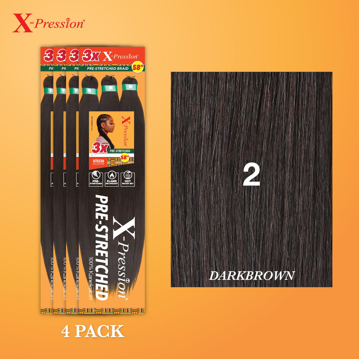 Sensationnel X-Pression Prestretched Braids-3X 58in,4pk 2 DARKBROWN