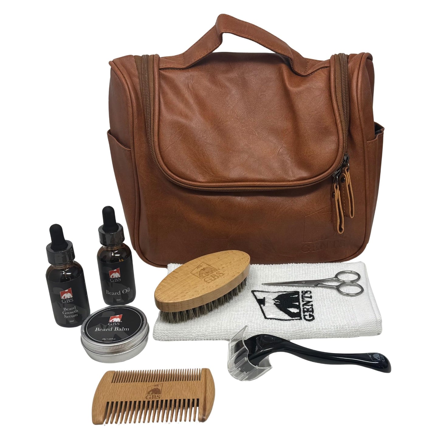 GENTS Beard Care Kit for Men with Faux Leather Travel Bag - Beard Oil, Balm, Boar Bristle Brush, Wooden Comb, Grooming Scissors - Complete Beard Beauty and Personal Care G.B.S