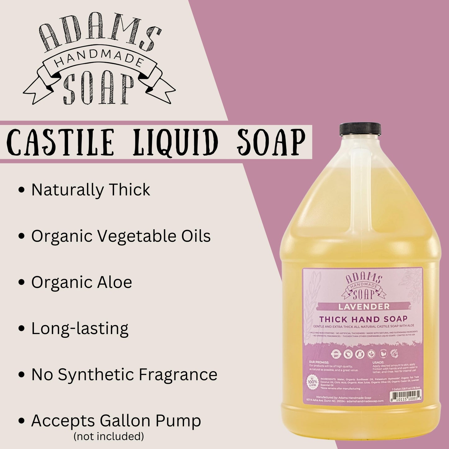 Adams Handmade Soap Thick Organic Castile Liquid Hand Soap 1 Gallon Refill - Lavender Beauty & Personal Care Adams Handmade Soap
