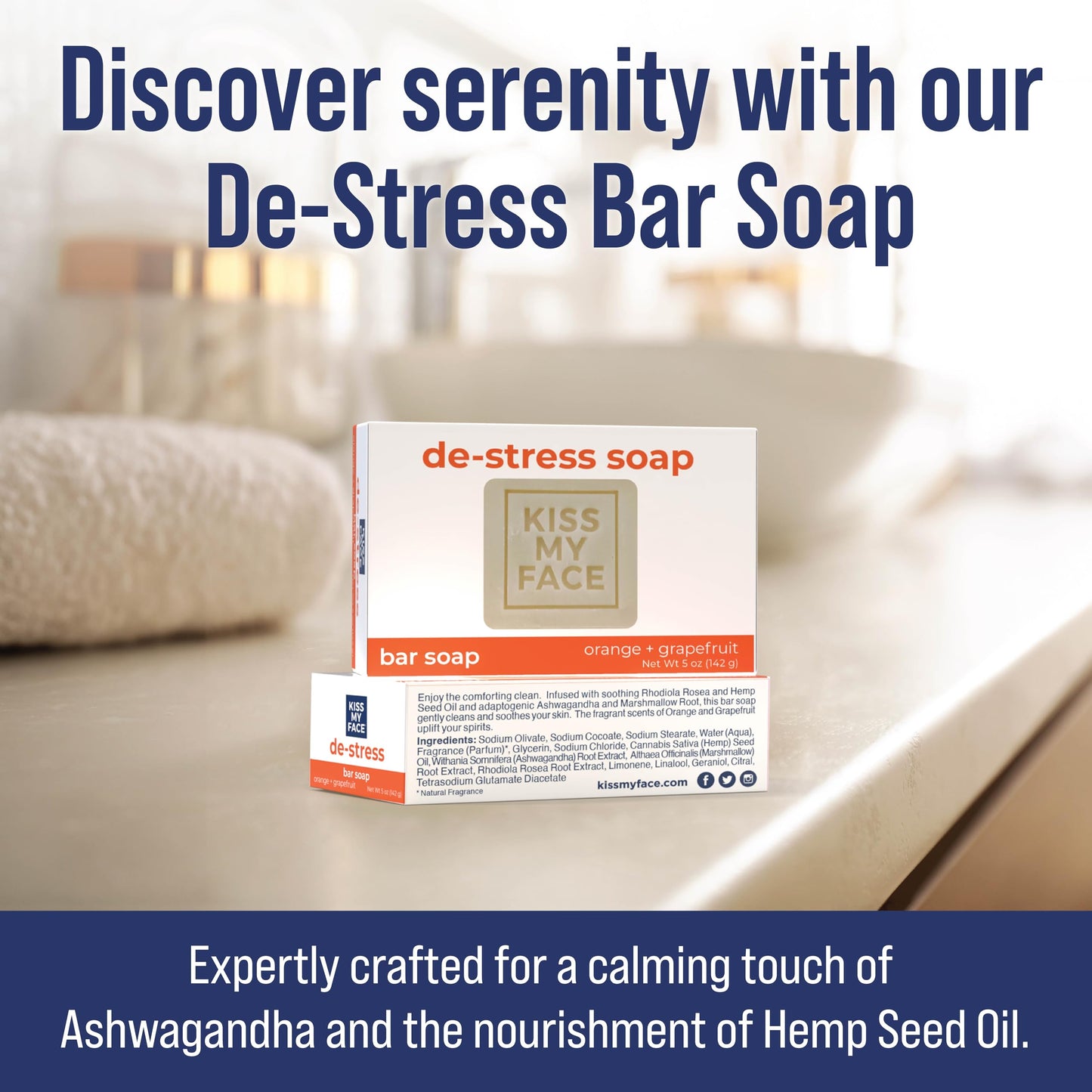 Kiss My Face De-Stress Bar Soap - Orange + Grapefruit - Vegan Soap Bar with Hemp Seed Oil - Cruelty Free and Palm Oil Free Bath Soap (Orange + Beauty & Personal Care Kiss My Face
