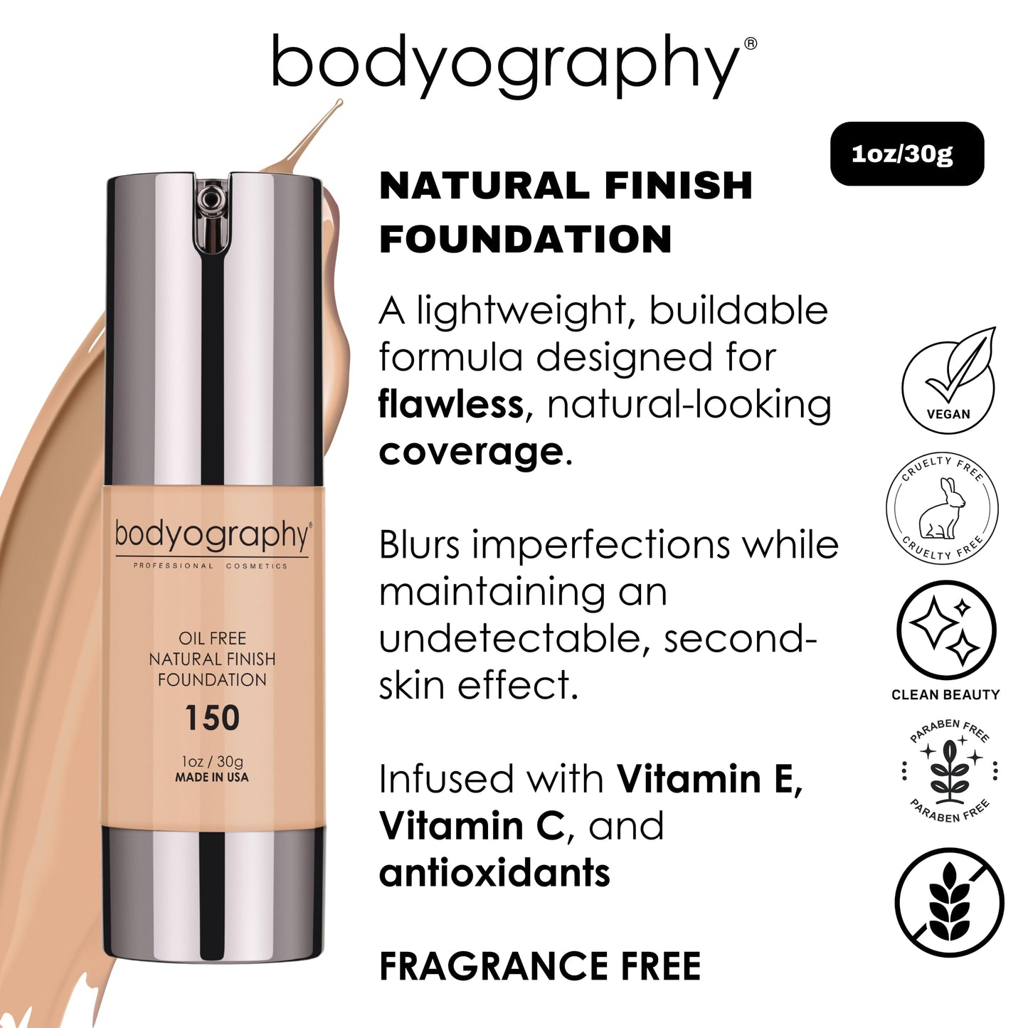 Bodyography Natural Finish Foundation (Dark/Warm #240) | Oil-Free, Anti-Aging Salon Foundation with Vitamin E & C | Photo-Ready, Skin-Perfecting Beauty & Personal Care Bodyography