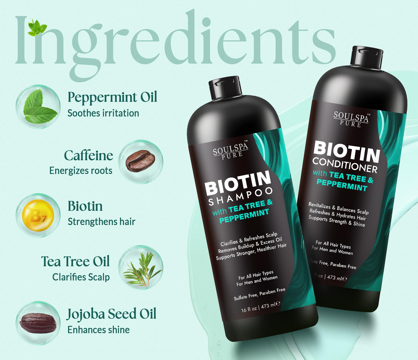 SOULSPA PURE Biotin Peppermint & Tea Tree Shampoo and Conditioner Set - Sulfate Free Scalp Care for Thinning & Color-Treated Hair - Clarifying Formula Beauty & Personal Care SOULSPA PURE