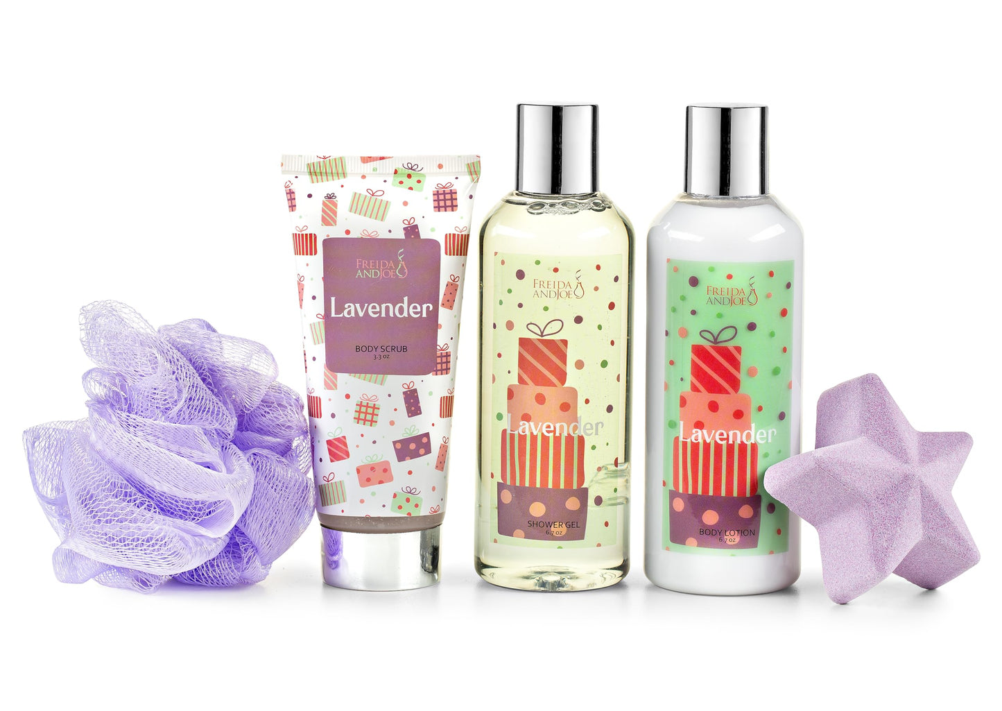 Fragrance Bath & Body Collection Gift Box, Includes Shower Gel, Body Lotion, Body Scrub, Bath Bomb & Sponge (Lavender 2.0) Beauty and Personal Care Freida and Joe