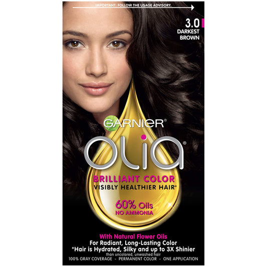 Garnier Olia Ammonia Free Permanent Hair Color, 100% Gray Coverage (Packaging May Vary), 3.0 Darkest Brown Hair Dye, Pack of 1 Beauty & Personal Care Garnier