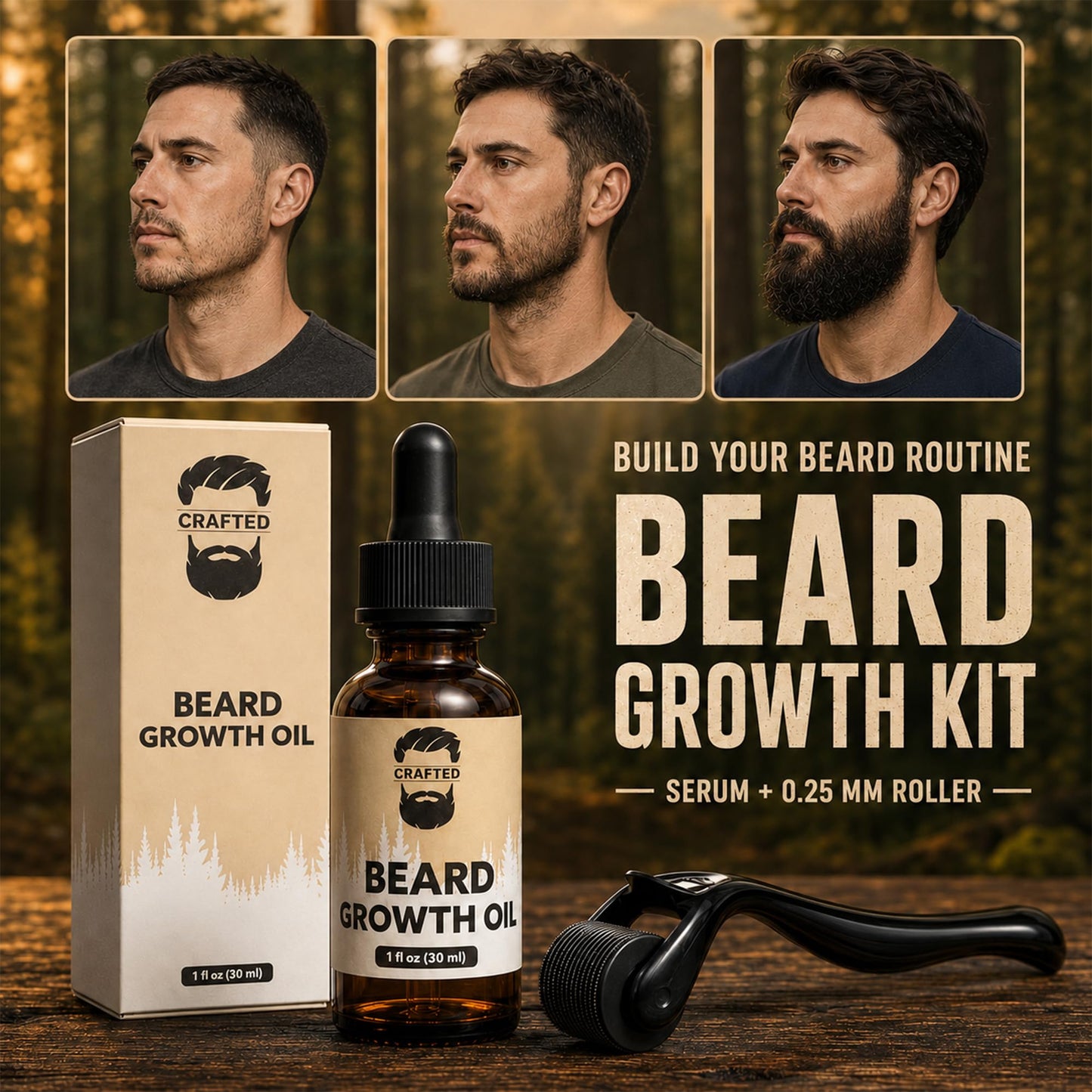 Crafted Beard Growth Kit - Grow a Thicker, Fuller Beard - Complete 3-Month Set with Oils, Roller, and Vitamins (1 Month Kit) Beauty and Personal Care Crafted Beards