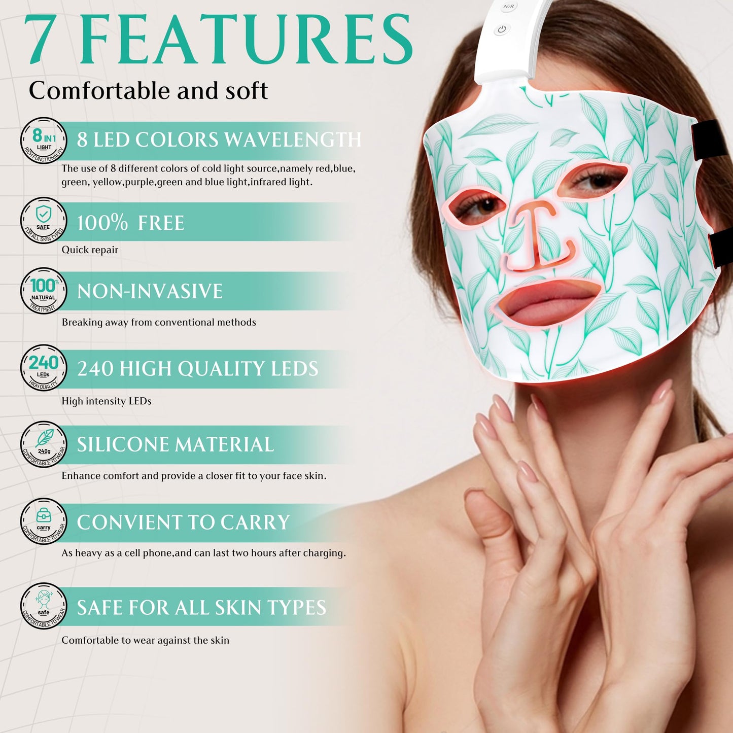 Red Light Therapy for Face, Led Contour Face Mask Light Therapy, 7+1 Color Near-infrared 850 Led Light Mask Portable and Rechargeable, Red Light Beauty & Personal Care BUBLOC