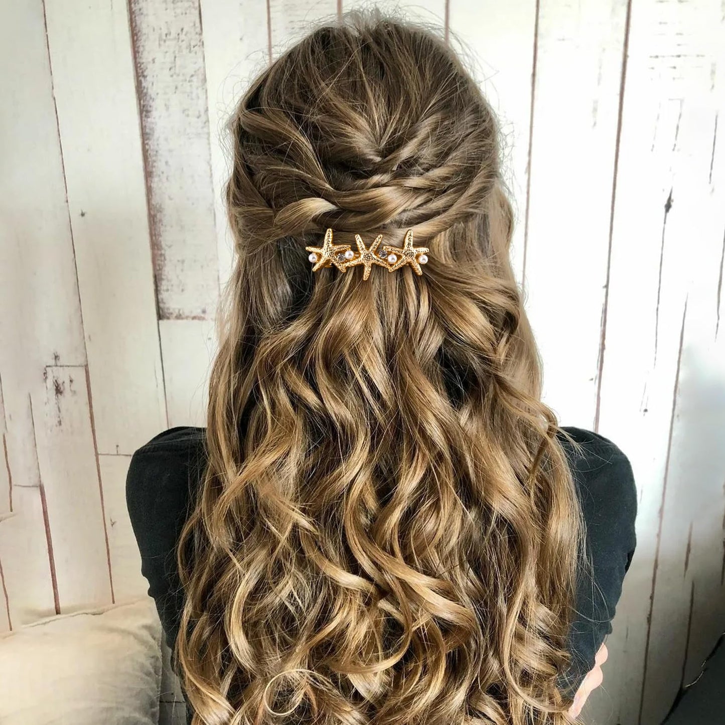 HINZIC 2Pcs 2.6inch Starfish Hair Clips Gold Crystal Rhinestone Pearl Hair Barrettes Sparkly Mermaid Seastar Halloween Christmas Wedding Prom Beauty & Personal Care HINZIC