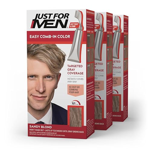 Just For Men Easy Comb-In Color Mens Hair Dye, Easy No Mix Application with Comb Applicator - Sandy Blond, A-10, Pack of 3 Beauty & Personal Care Just for Men