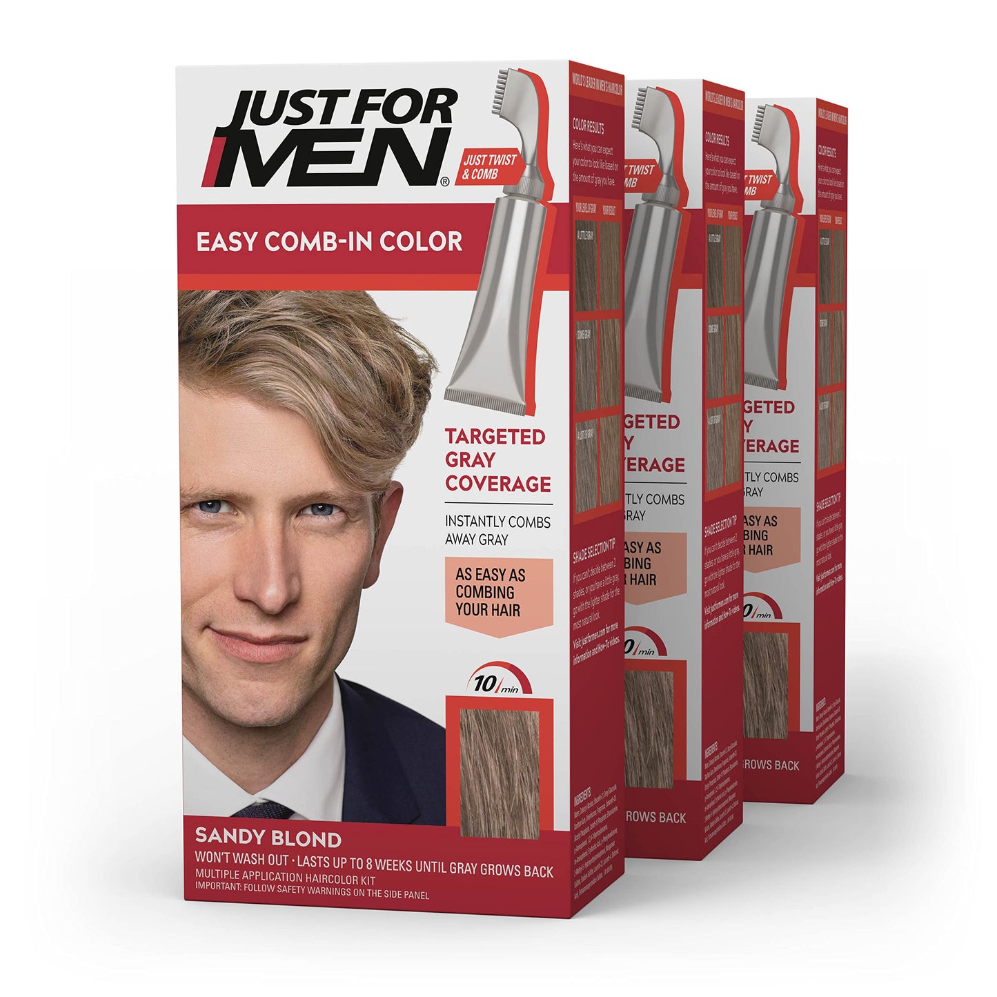 Just For Men Easy Comb-In Color Mens Hair Dye, Easy No Mix Application with Comb Applicator - Sandy Blond, A-10, Pack of 3 Beauty & Personal Care Just for Men