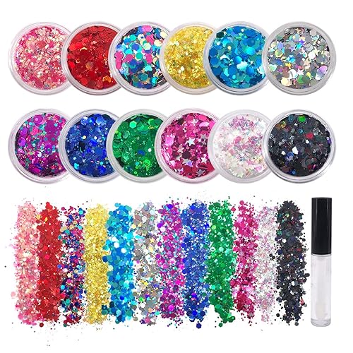 12 Pack - Multi-Colored Face & Body Glitter - Glue Included - Rainbow Chunky Glitter - Uses Include: Festival Rave Makeup Face Body Nails Resin Arts Beauty & Personal Care Electric Bliss Beauty